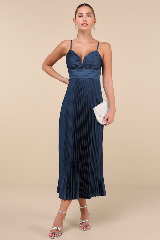 Image of Fabulous Perfection Navy Blue Satin Pleated Midi Dress