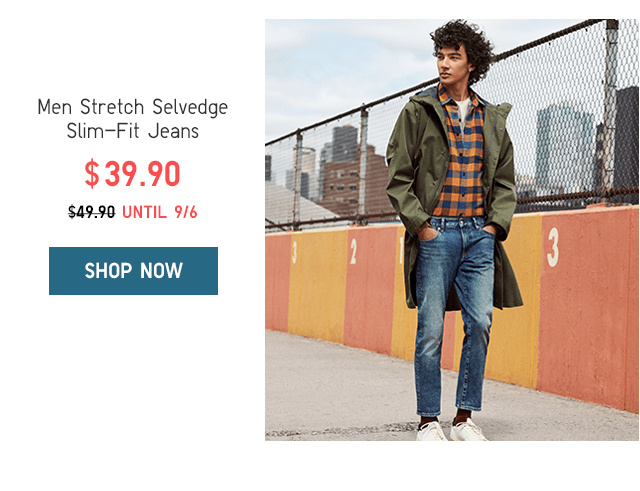 MEN STRETCH SELVEDGE SLIM-FIT JEANS $39.90 - SHOP NOW