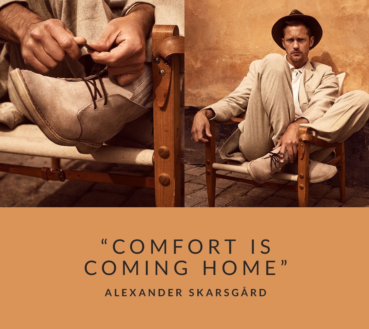 Alexander Skarsgård wearing Desert Boots in sand suede