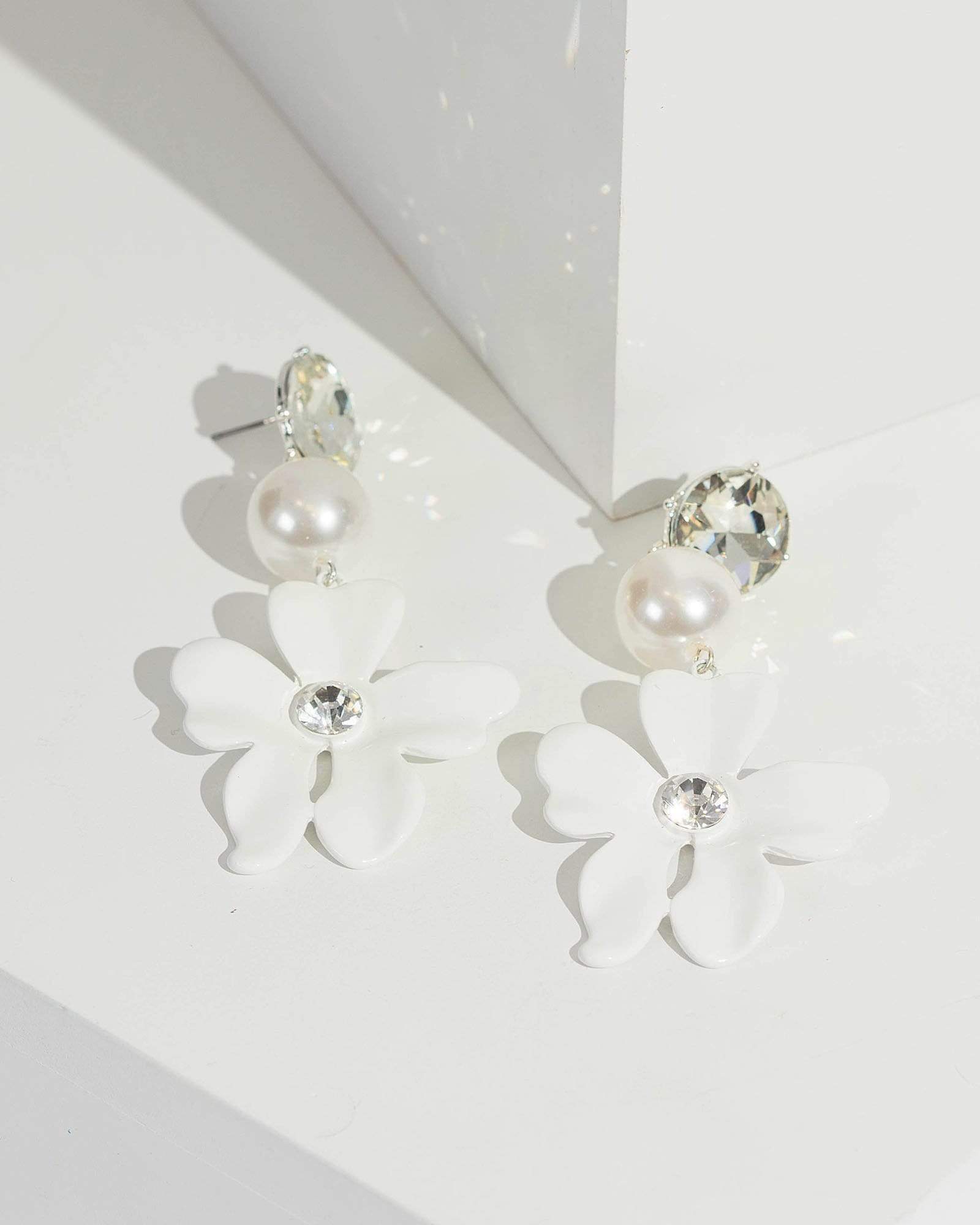 Image of Silver Flower Pearl And Crystal Drop Earrings