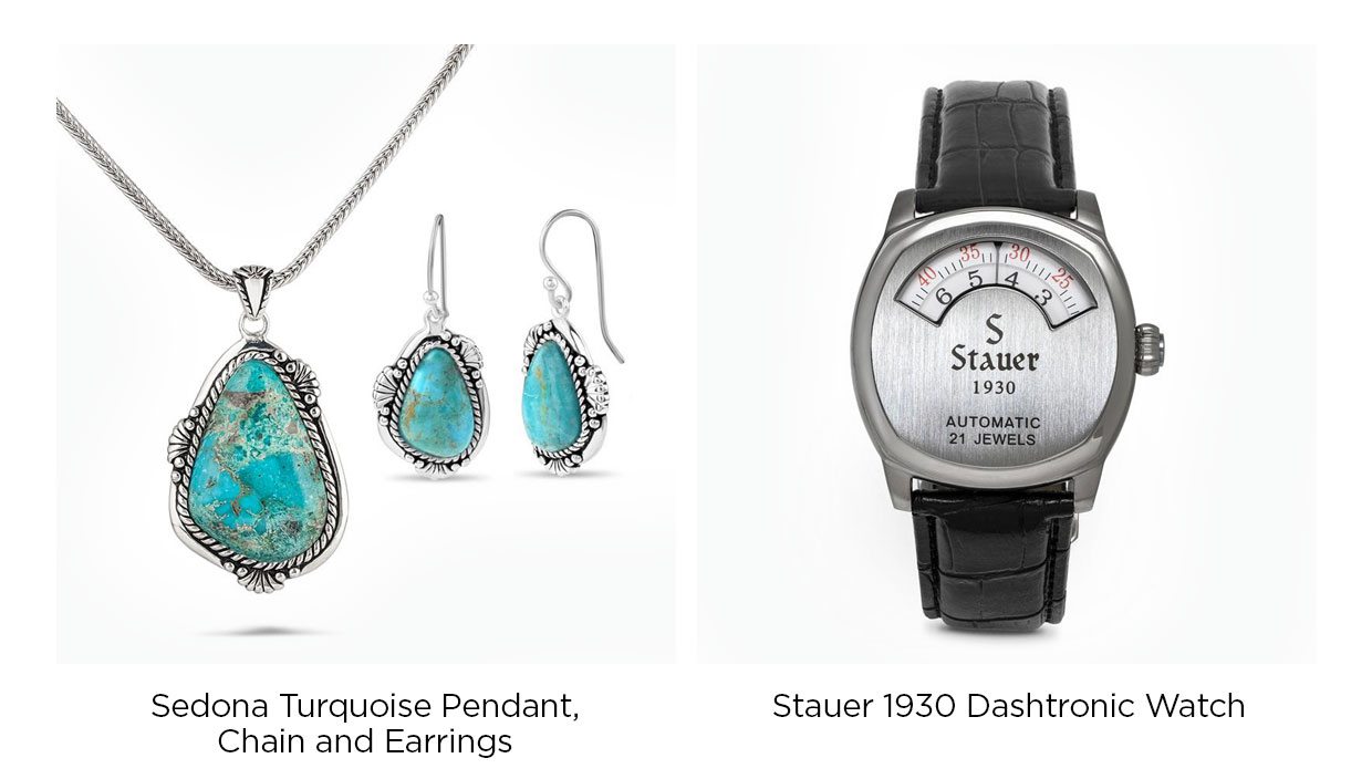 Sedona Turquoise Pendant, Chain and Earrings. Stauer 1930 Dashtronic Watch.