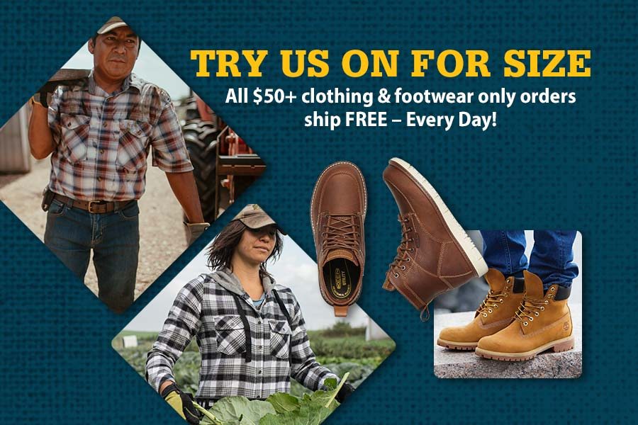 TRY US ON FOR SIZE All $50+ clothing & footwear only orders ship FREE - Every Day!