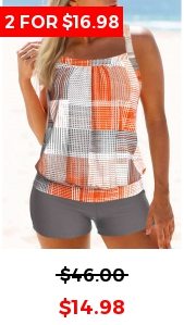 Criss Cross Geometric Print Orange Tankini Top