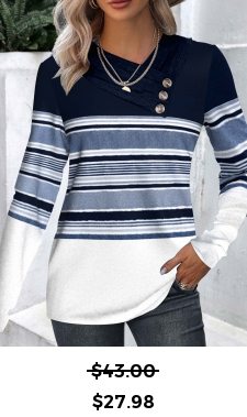 ROTITA Patchwork Striped Navy Asymmetrical Neck Long Sleeve Sweatshirt