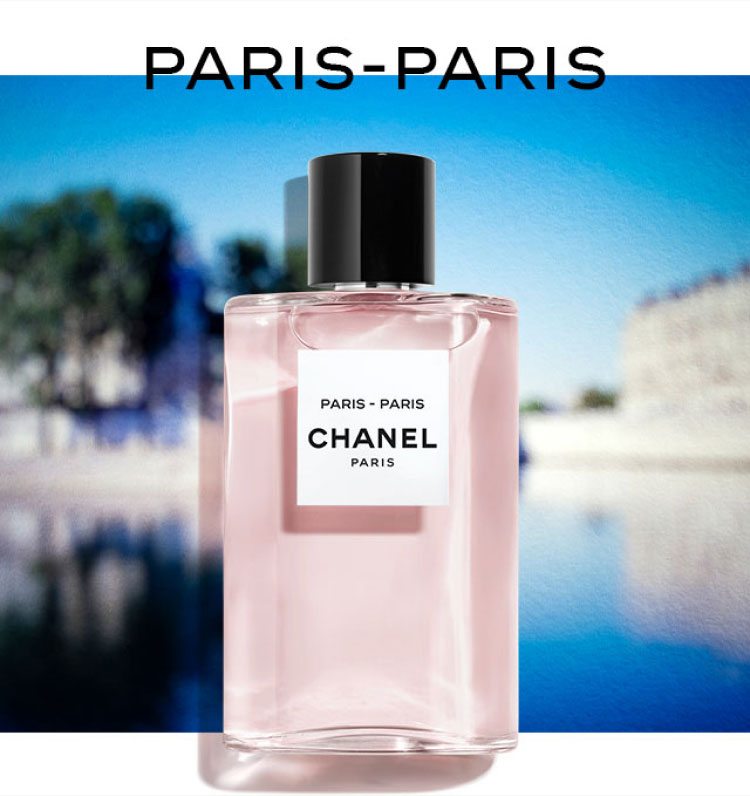 Bottle of LES EAUX DE CHANEL Paris-Paris fragrance on a parisian background