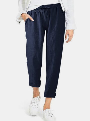Casual Elastic Pockets Cotton Pants