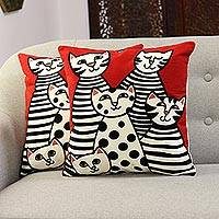 Cat-Themed Embroidered Cotton Cushion Covers