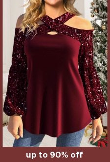 ROTITA Plus Size Sequin Wine Red Cross Collar T Shirt