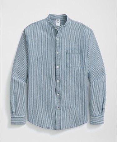 Denim Sport Shirt in Garment-Washed Indigo-Stripe Cotton