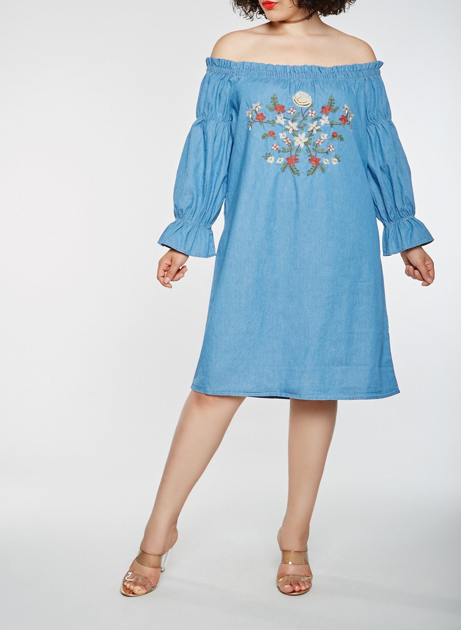 Plus Size Embroidered Off the Shoulder Chambray Dress