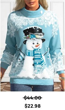 ROTITA Button Snowman Print Light Blue Stand Collar Sweatshirt