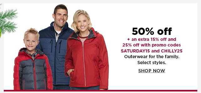 50% outerwear for the family. shop now.