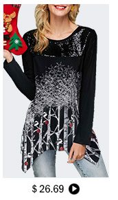 Asymmetric Hem Sequin Embellished Tree Print Christmas T Shirt