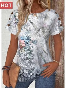 ROTITA Button Random Floral Print Grey Round Neck T Shirt