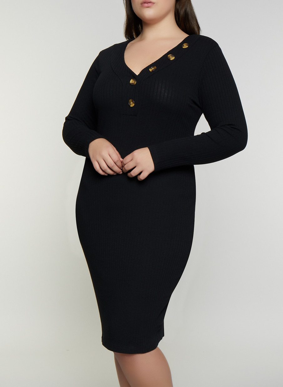 Plus Size Rib Knit Henley Bodycon Dress