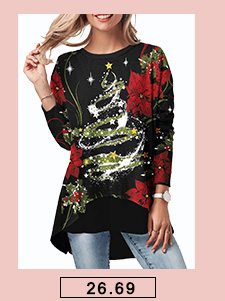 Christmas Printed Long Sleeve Black Button Back T Shirt