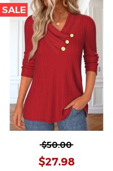 Red Button Long Sleeve V Neck T Shirt