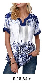 Short Sleeve Retro Print Split Neck Blouse