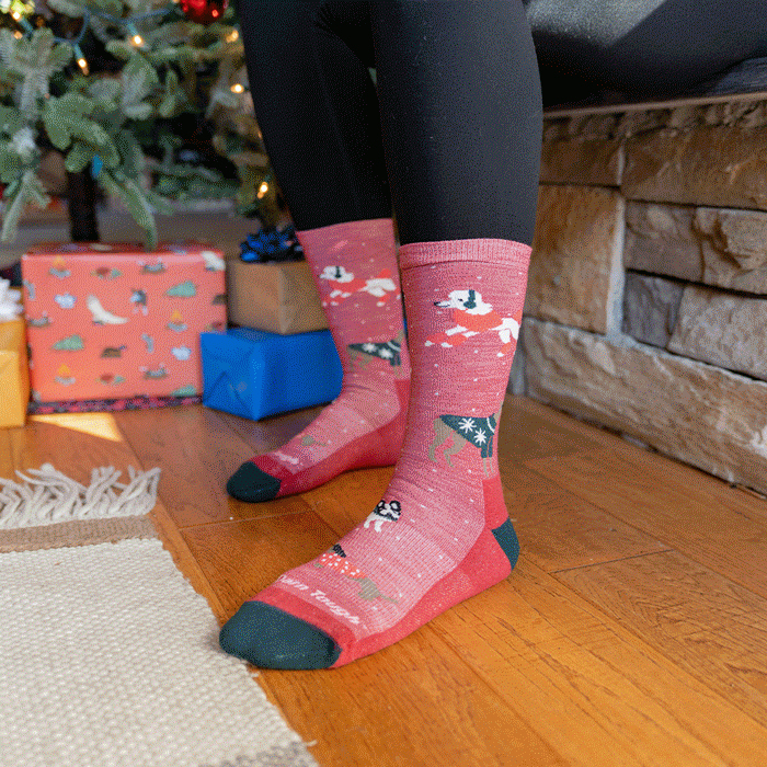 Shop with Free Shipping - feet wearing Darn Tough socks in various holiday scenes