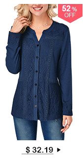 Button Up Long Sleeve Lace Panel Blouse