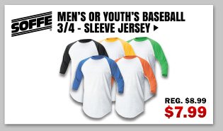 Soffe Men's or Youth's Baseball 3/4-Sleeve Jersey