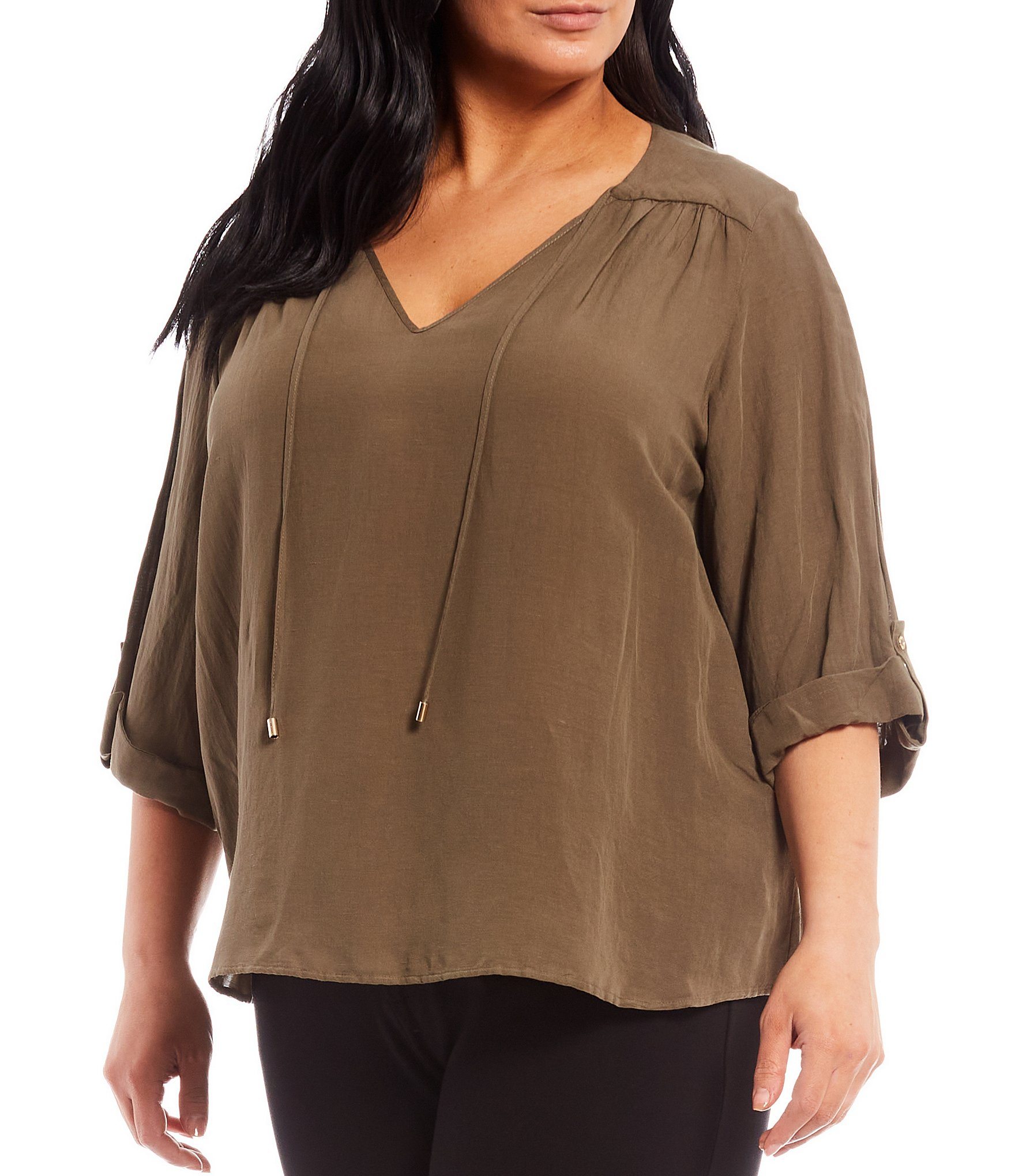 Calvin Klein Plus Size Tie V-Neck Roll-Tab Sleeve Top