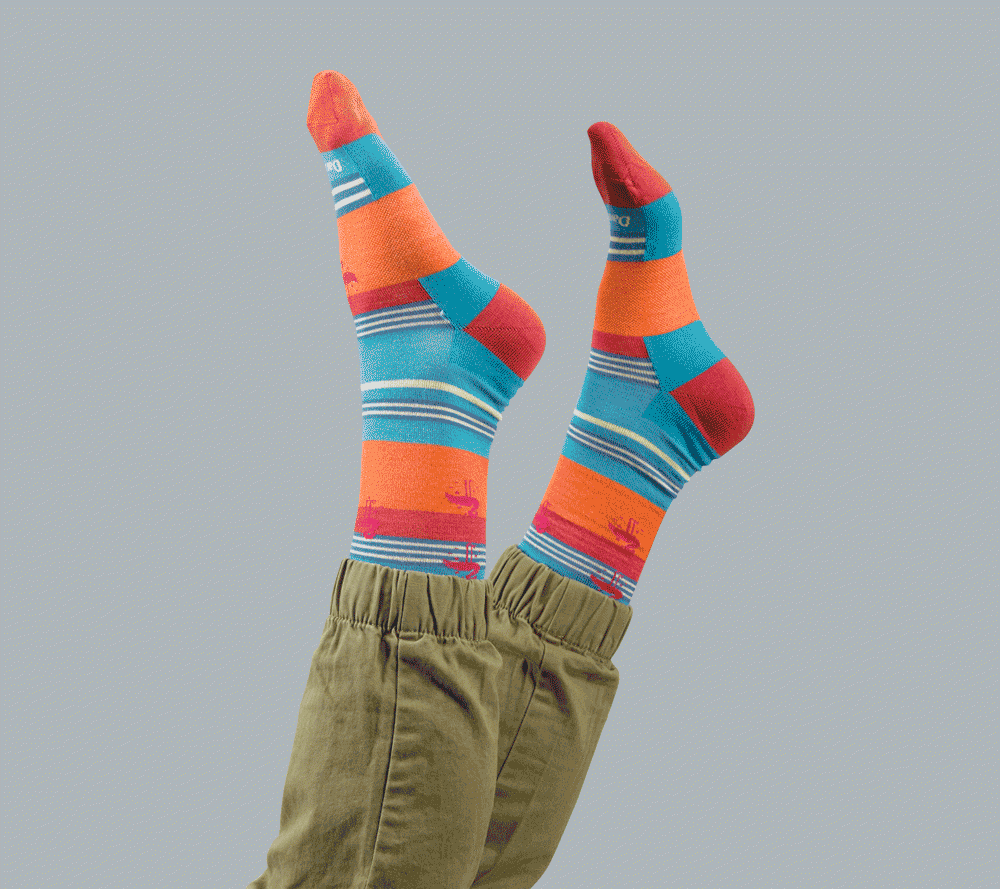 A delightful animation of pairs of feet in the air rocking bright, printed socks for the world to see