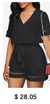 Drawstring Waist Black V Neck Pierced Romper