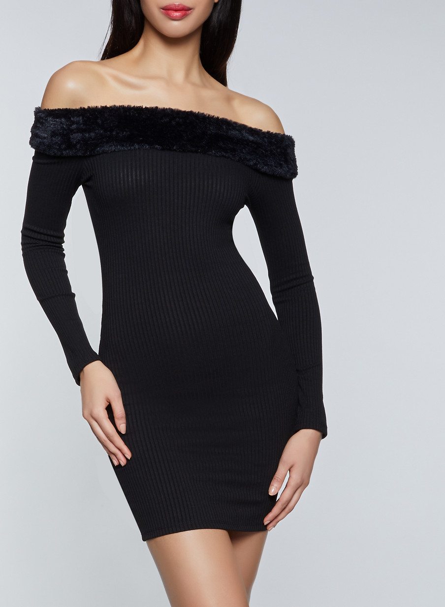 Faux Fur Trim Off the Shoulder Sweater Dress