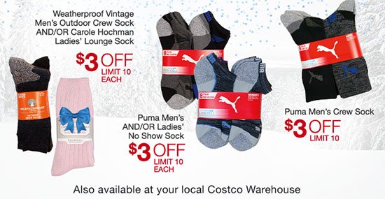 $3 OFF select socks from Puma, Weatherproof Vintage and Carole Hochman.