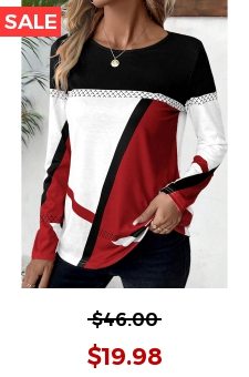 Wine Red Patchwork Geometric Print Long Sleeve T Shirt