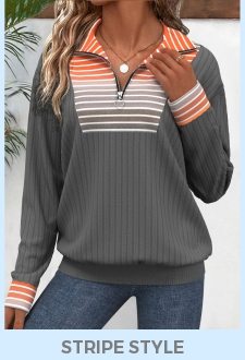 ROTITA Patchwork Striped Orange Turn Down Collar Long Sleeve Sweatshirt