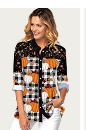 Pumpkin and Plaid Print Button Up Lace Panel Shirt