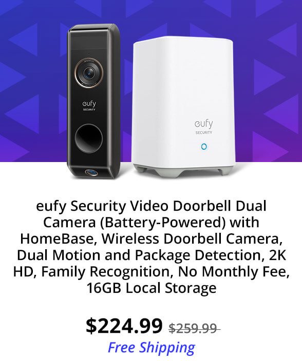 eufy Security Video Doorbell Dual Camera (Battery-Powered) with HomeBase, Wireless Doorbell Camera, Dual Motion and Package Detection, 2K HD, Family Recognition, No Monthly Fee, 16GB Local Storage