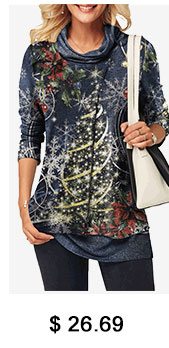 Christmas Print Cowl Neck Faux Two Piece T Shirt