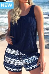 Bowknot Geometric Print Navy Tankini Set