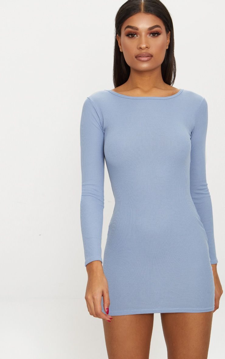 BASIC DUSKY BLUE RIBBED LONG SLEEVE BODYCON DRESS