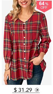 Blouson Sleeve Plaid Print V Neck Blouse