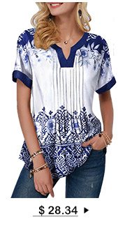 Short Sleeve Retro Print Split Neck Blouse