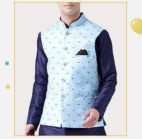 Printed Cotton Linen Nehru Jacket in Light Blue