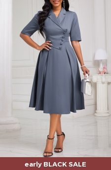 Dusty Blue Lapel Half Sleeve Asymmetry Dress