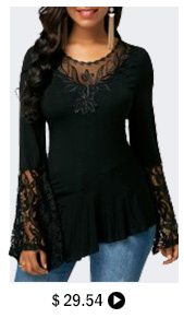 Flare Sleeve Asymmetric Hem Lace Patchwork Blouse