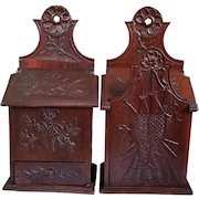 Antique Pair French Country Sculpted Fruitwood Salt Box, Flour Box Fariniere