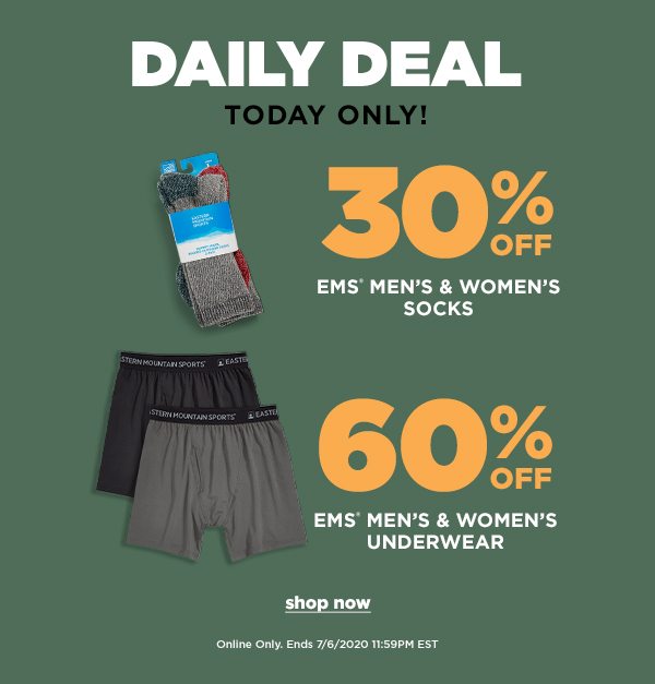 Daily Deal: 30% OFF EMS Men's & Women's Socks + 60% OFF EMS Men's & Women's Underwear - Online Only - Click to Shop