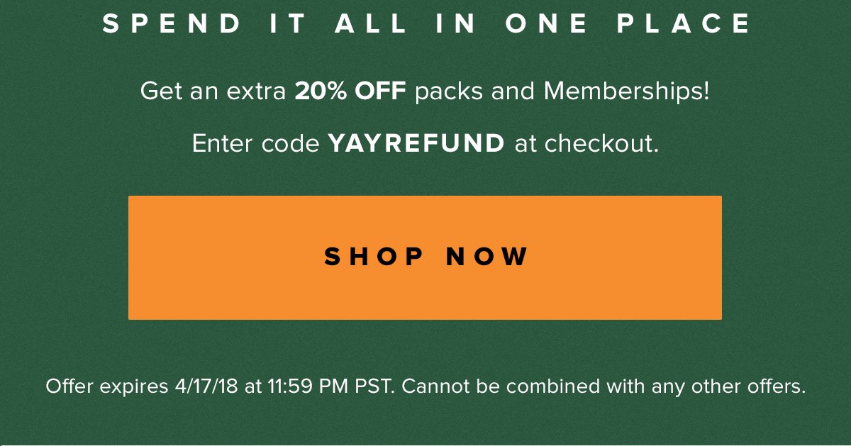 Spend It All In One Place | Get an extra 20% off packs and Memberships! Enter code YAYREFUND at checkout. Shop now