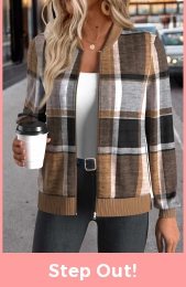 Dark Coffee Zipper Plaid Long Sleeve Stand Collar Jacket