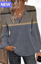 Dark Blue Patchwork Geometric Print Long Sleeve T Shirt