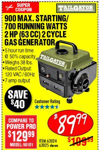 900 Max Starting/700 Running Watts, 2 HP (63cc) 2 Cycle Gas Generator EPA/CARB