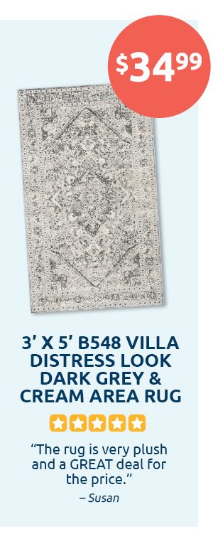 3 foot x 5 foot B548 Villa Distress Look Dark Grey And Young Cream Area Rug for $34.99. The rug is very plush and a GREAT deal for the price. - Susan.