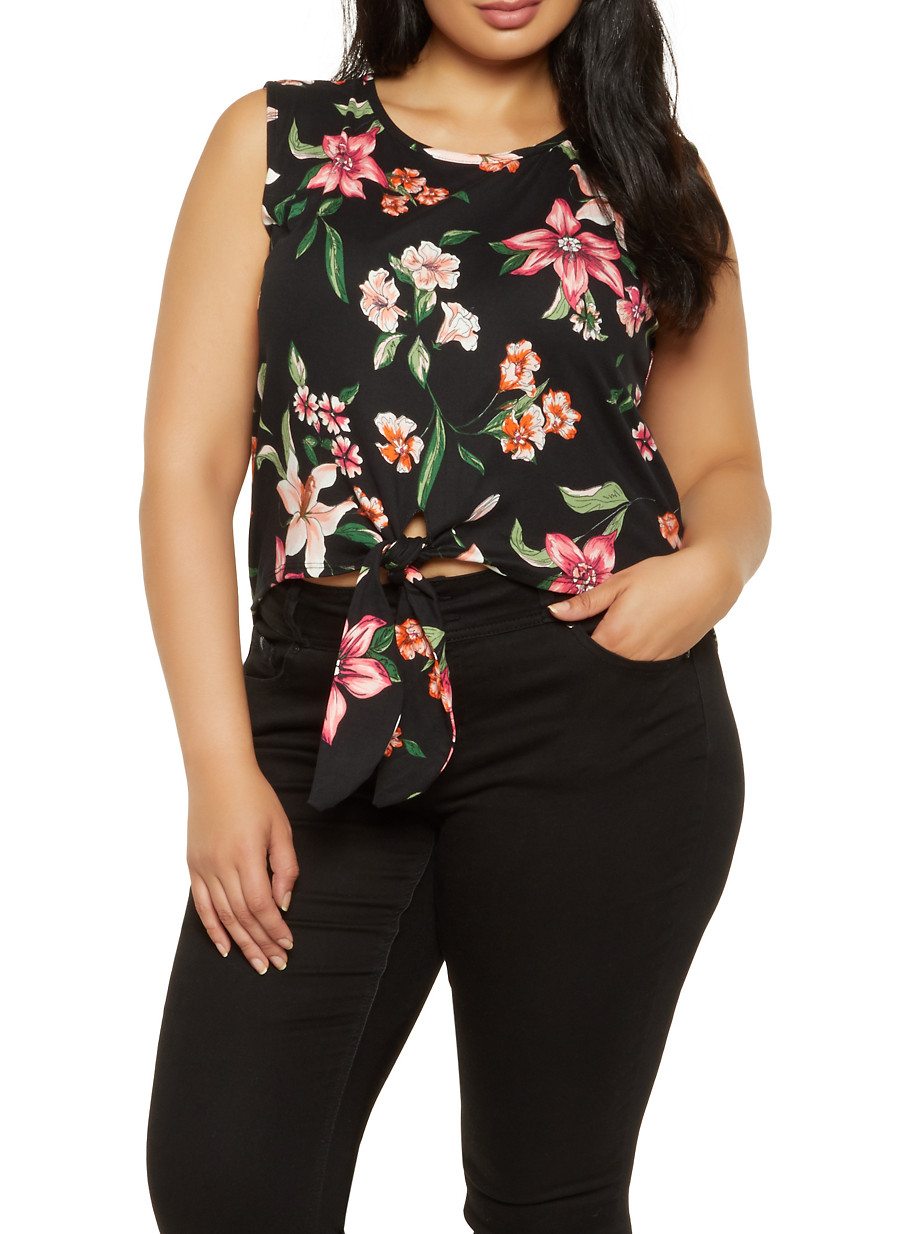 Plus Size Floral Tie Front Tank Top